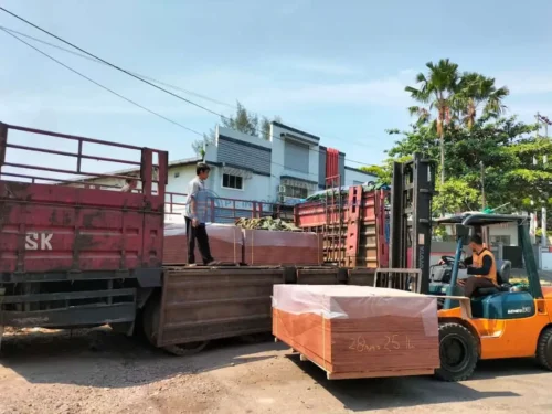 Proses muat triplek container flooring 28mm ke atas truk menggunakan forklift untuk pengiriman pesanan grosir oleh PT Indoho Santosa Abadi